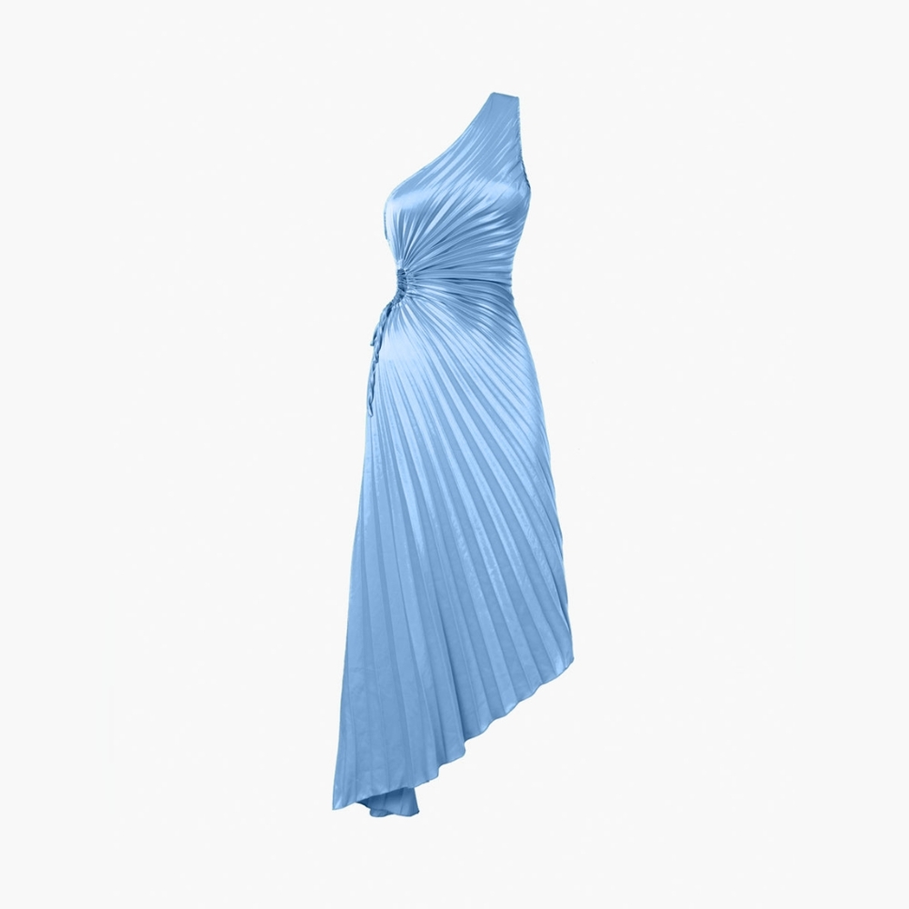Commense Sky Blue One-Shoulder Pleated Maxi Dress